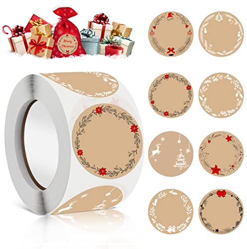 ENAIAH Gommettes Noël, 500 Pcs Etiquette Vacances Cadeau Autocollants d'enveloppe, Merry Christmas Etiquette joyeux noel, papier kraft pour DIY