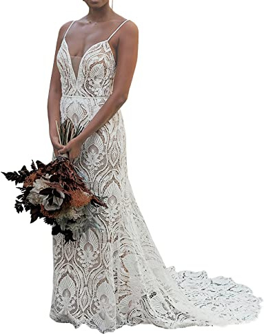 WIOJEIGO Women's Wedding Dresses for Bride Lace Boho Plus Size Long Beach Mermaid Bridal Dress Bohemian Wedding Gowns Ivory US12