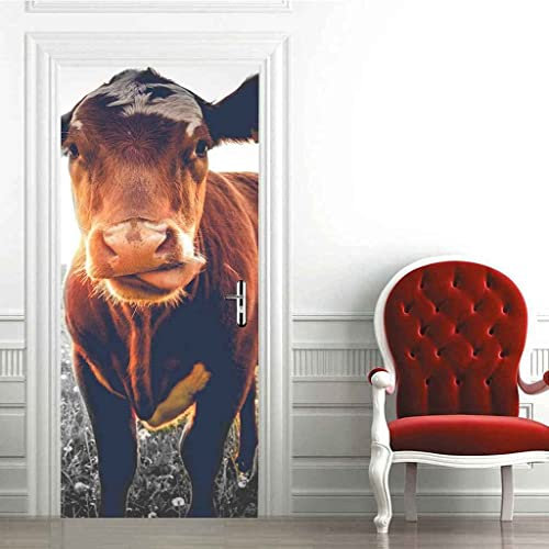 3D Türtapete Selbstklebend Prärietier Kuh 90 X 210 Cm Diy Wandbild Pvc Wasserdicht Pvc Türtattoos Türposter Türaufkleber Fototapete Türfolie Für Tür,Wohnzimmer,Schlafzimmer,Küche Toilette