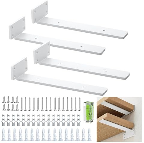 4 Pack Regalhalterung, Schwebende Regalträger, 25 cm, Robuste Regal Winkel (1/5 Zoll), Dickes Metall, Weiße Schwebende Regalhalterungen Mit Modernem Eisen Finish - Weiß
