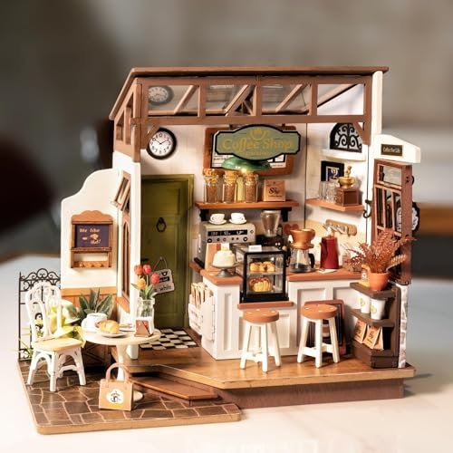 RoWood Café Miniatur Puppenhaus, DIY Basteln Bastelset für Erwachsene, Mini-Haus aus Holz mit Möbeln, Geschenk zum Geburtstag, Frauen, Mädchen