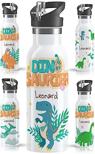 OWLBOOK® Edelstahl Trinkflasche Kinder personalisiert | Wasserflasche mit Strohhalm | 600 ml | Sportdeckel | Spülmaschinenfest | Schule Schulanfang Jungen Geschenke Einschulung Junge | Baby T-Rex