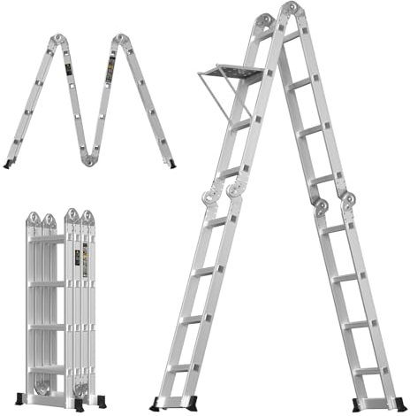 Aluminum Telescopic Ladder Multi-purpose 4.7m Extension Folding Ladder, 4X4 Steps with Lock Hinges, 2 Support Stabilizers and Tool Tray, 330lbs Max Load, EN131 Standard