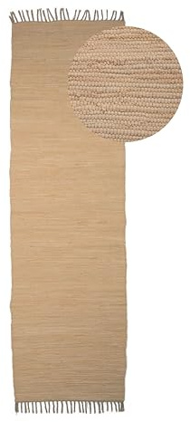 carpetfine Flickenteppich Kelim Chindi Uni Läufer Beige 60x180 cm, handgewebt | Fleckerlteppich aus Baumwolle für Wohnzimmermit Fransen