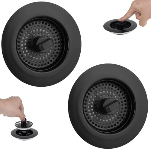iFealClear 2-Pack 3-in-1 Stainless Steel Kitchen Drain Stopper & Plug Strainer, Food Waste Catcher Replacement, Fit Sink Holes 72-86mm, Depth > 28mm, Black