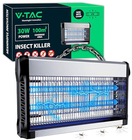 V-TAC Zanzariera Elettrica 30W con Area di Azione 100 m² - Design Sottile - Zanzariera con Luce Blu UV per Uso Interno ed Esterno - Trappola Elettrica contro Zanzare e Insetti - Potenza 30W