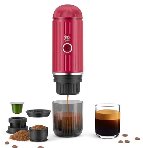 Macchina da caffè per espresso portatile Ricaricabile elettrica 12V Riscaldatore a un clic Macchina da caffè automatica compatibile con capsule NS e caffè macinato per campeggio, viaggio, casa (Rosso)