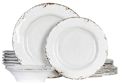 ZAROCRUS Vintage Melamine Dinnerware Sets, 18 Piece Lightweight and Unbreakable Outdoor Plates and Bowls Set, RV Dishes Set of 6, Chip Resistant Kitchen Plate Set for Indoor and Outdoor Use, White