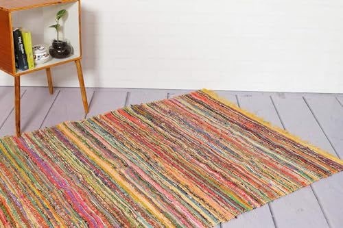 Chindi Flickenteppich, handgefertigt, Baumwolle, gefärbt, mehrfarbig, Raumdekoration, Yoga-Matte, Heimdekoration, recycelter Teppich, 1,5 x 0,9 m, Gelb
