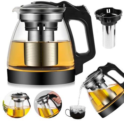 Théière en verre avec infuseur 2000 ml, théière avec infuseur, résistante à la chaleur, amovible, passoire à thé en verre avec couvercle pour la préparation de thés en vrac, fleurs de thé en verre