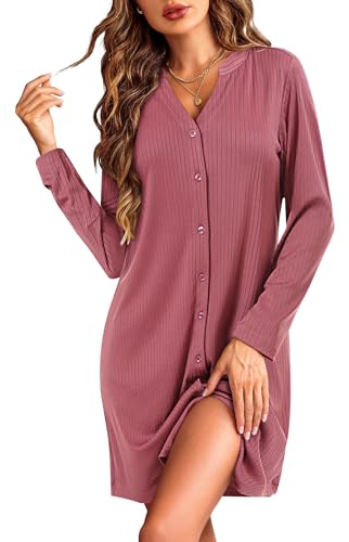 Ekouaer Camicia da Notte Donna Lunga Camicie da Notte Manica Lunga con Bottoni Davanti Scollo a V Invernali
