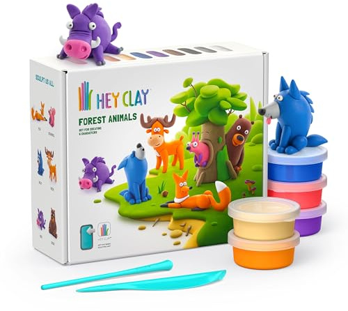 Hey Clay - Pâte à Modeler colorée autodurcissante pour Enfants - Coffret Animaux de la forêt - Kit de 15 Pots et Outils de modelage avec Application Interactive et ludique - 15022