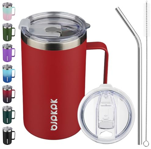 BJPKPK Insulated Coffee Mug with 2 Lids, 25oz Stainless Steel Insulated Tumbler with Handle, Double Wall Vacuum Coffee Cups, BPA Free Travel Mug for Coffee, Tea and Drinks, Red