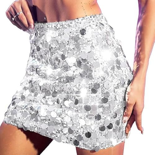 Ushiny Jupe à paillettes Mini jupes argentées Tenues de rave scintillantes Disco Costume de festival Bling pour femmes et filles