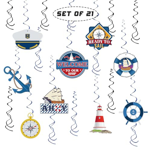 21 Pcs Nautical Themed Hanging Swirl Decorations, Ahoy Boy Baby Shower Ocean World Wedding Streamers Hanging, Ship Anchor Nautical Sailor Captain Birthday Party Ceiling Decorations