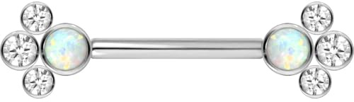 PIERCINGLINE Titan Barbell mit Push Fit SYNTH. OPAL + 3 KRISTALLE Brustwarzenpiercing Nippelpiercing Silberfarben 1,6 x 16 mm