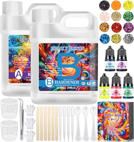 BGIUSQF Epoxihartsset, 1016 ML epoxihartssats nybörjare, hartsgjutset, 1:1-förhållande med epoxiharts, med färg, träpinne, sked, måttbägare, epoxiharts, för smyckestillverkning