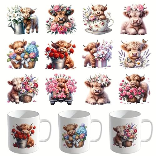 12pcs Highland Cow Flower Series UV DTF Cup Wraps Winter UV DTF Transfer Sticker for Glass Cups Furniture Craft DIY Crafts，Rub on Transfer Stickers for DIY Water Bottle Laptop Decal Wood Car