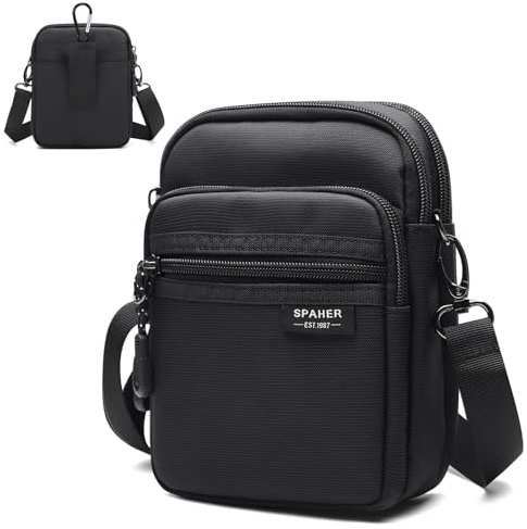 SPAHER Liten Axelväska Midjeväskor för Män Utomhussport Bältesväska Svart Vattentät Herrväska 6,7 Tums Mobiltelefonväska Crossbody Väska med Karbinhake och Avtagbart Justerbart Axelremsbälte