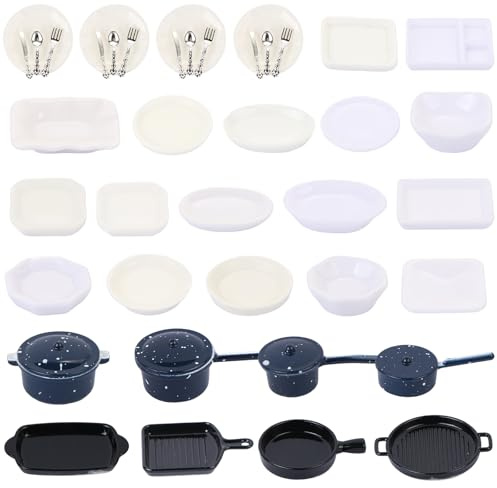 44 Pieces Miniatures Dollhouse Accessories Miniature Kitchen Set Metal Miniature Baking Set and Plastic Mini Plates for Dollhouse Role Play Party Decoration Supplies