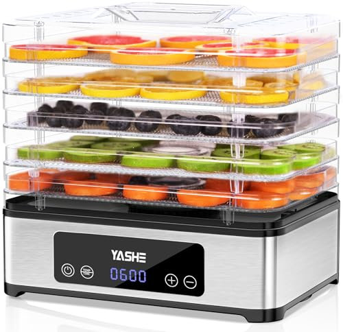 YASHE Deshidratador de Alimentos, Deshidratadora de Alimentos con 5 Bandejas de Acero Inoxidable, 400W, Timer y Temperatura Ajustables para Carne Seca, Hierbas, Frutas y Golosinas para Perros