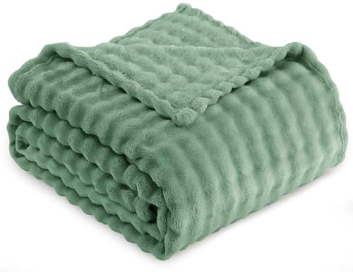 RUIKASI Fleece Throw Blanket for Sofa - Green Single Fluffy Bubble Throws Cozy Blanket with Reversible Design, Throw 130x150 cm