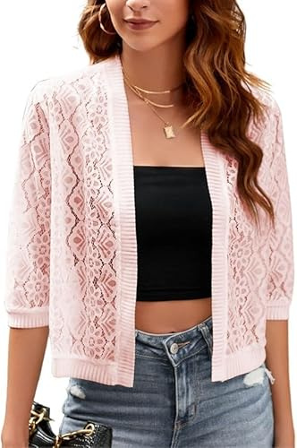 YOUNIFIZ Women's Elegant Crop Cardigan Wedding 3/4 Sleeve Open Front Cover up Sheer Floral Lace Bolero Shrug Top Pink