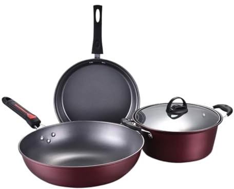 CHCWR Pots and Pans Set 3Pcs Cookware Set Non-Stick Soup Pot with Glass Lid Wok Frying Pan Wrought Iron Cooking Pot Saucepan Set Kitchen Pots and Pans Sets Non Stick