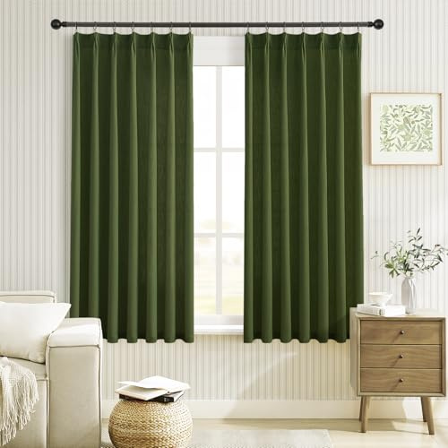 Olivgrüne Leinen-Vorhänge, 114 cm Länge, 2-teiliges Set für kleine Fenster, rustikale Landhaus-Lichtfiltervorhänge, Privatsphäre, Plissee-Rückseite, halbtransparente Küchenvorhänge, 114,4 cm lang