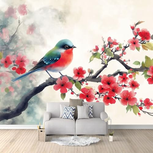 Panoramatapet plommonträd fåglar bläckfärg 200 x 140 cm (L x H) Jätteaffisch Icke-vävd väggmålning för vardagsrum sovrum soffa TV-bakgrund väggdekoration, flerfärgad