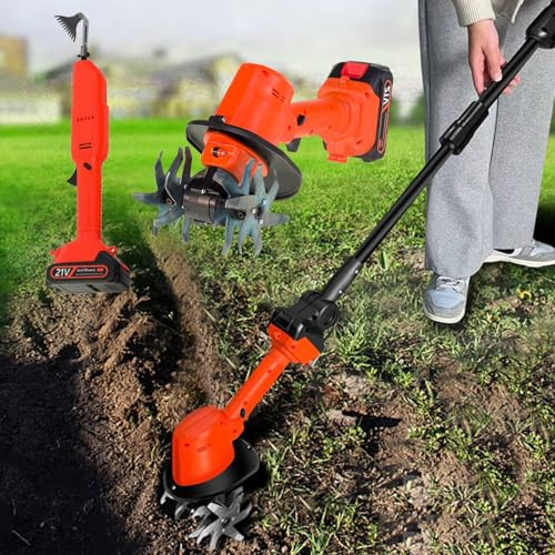 Electric Mini Cultivator/Electric Digging Hoe, Cordless Mini Tiller Cultivator with Telescopic Pole and 2 Batteries, 4 Working Width, Hand-held Micro Tiller Weeding Machine