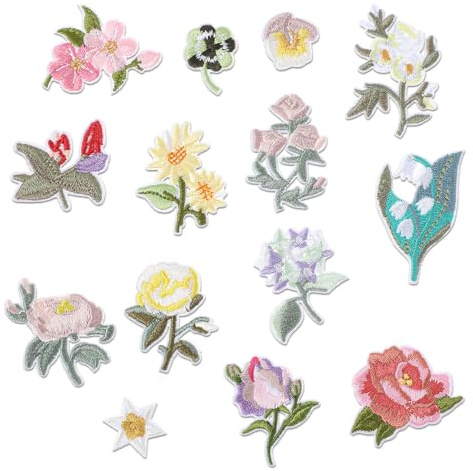 Nogeqi 14PCS Flower Iron on Patches for Clothes, Embroidered Appliques for Clothes, Decorative Floral Embroidered Patches Iron on Sew on for Jeans, Clothing, Jacket, Bag, Hat