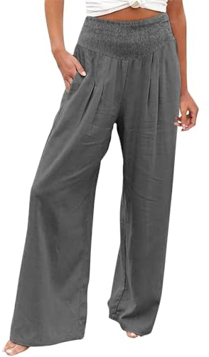Jean large pour femme - Taille haute - Coton et lin - Pantalon Palazzo à jambe large - Pantalon long avec poche, gris, XL