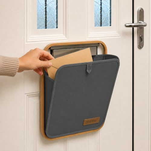 Boîte aux lettres avec cadre en bambou, sans vis, porte-courrier en tissu, sac à courrier sans outils, organiseur de couloir, adapté aux animaux domestiques, design élégant et durable (gris)