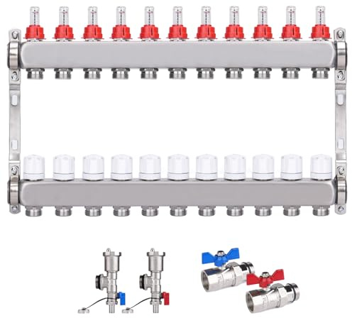 Edelstahl Heizkreisverteiler für Fußbodenheizung [11 Heizkreise, Entlüfter 1/2, 2X Kugelhähne 1] Verteiler mit Durchflussmesser (0.5-5 L/Min), Anschlüsse für Eurokonus 3/4