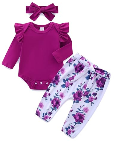 KIDDLETOWN Baby Girl Clothes Set Newborn Clothing Ruffle Bodysuit Romper + Pants + Headband Baby Grows Girls Long Sleeve Romper Tops Floral Pants Sets 0-12 Months