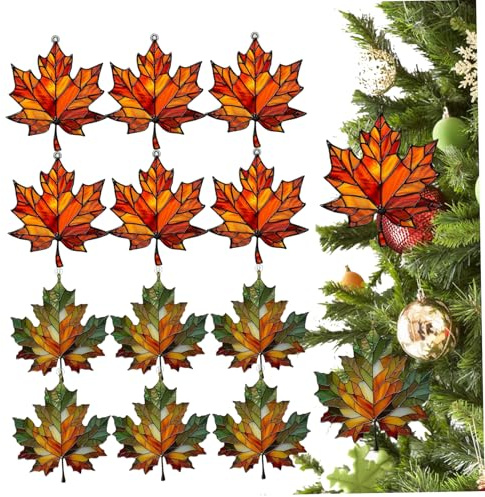 Sun Catchers Indoor Window, 12PCS Stained Glass Window Hanging 2D Flat Maple Leaf Fall Suncatchers 3.2 inch Acrylic Sun Catchers Indoor for Winter Thanksgiving Autumn