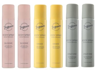 Designer Fragrances 6 Pack Assorted Aromas - Bloome, Only One & Daisee - Women’s Body Spray Deodorant Cans - For Instant Freshness On The Go - Long Lasting Smell, Great Gifts - 100ml
