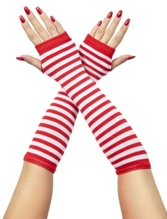 TrendandStylez Armstulpen Rot Weiß Gestreift – Fingerlose Langstulpen für Damen & Herren | Karneval Fasching Handschuhe Punk Clown Zirkus Kostüm Zubehör Party Accessoire Retro Look