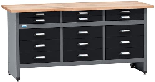 Küpper Werkbank Modell 12979, 170x84x60 cm, 15 Schubladen, 30 mm Massive Buchenarbeitsplatte, 300 kg Tragkraft (Schwarz)