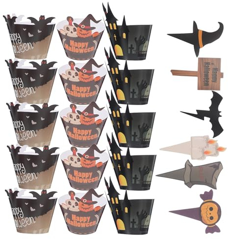 Tofficu 2 Ensembles Décorations Halloween Cupcake avec Inserts Citrouille Fantôme Araignée Crâne Papiers à Cupcake Rigides pour Fête et Décoration de Gâteaux