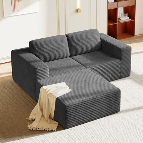 Vesgantti Modulares Cord-Ecksofa in Grau, 202 cm L-Form mit beweglicher Ottomane, Federkern und extra tiefer Sitzfläche, Flexibles Design für kleine Räume, Rutschfester Boden, kein Aufbau nötig