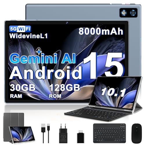 BIEGEDY 2026 Tablet 10 Pulgadas Android 15 con Gemini AI, 30GB RAM + 128GB ROM（TF 2TB）, Octa-Core 2.0GHZ, 8000mAh, GMS, Widevine L1, 5G WiFi 6 & BT 5.0, GPS, OTG, Tablet con Teclado y Raton-Gris