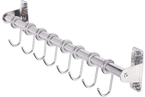 Dseap Pot Rack - Pots and Pans Hanging Rack Rail with 8 Hooks, Pot Hangers for Kitchen, Wall Mounted, Chromed