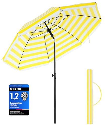 SONGMICS Parasol de Playa Ø 1,6 m, Sombrilla de jardín con UPF 50+, Inclinable, Portátil y Resistente al Viento, Varillas de Fibra de Vidrio, Bolsa de Transporte, Raya Amarillo y Blanco GPU60YW