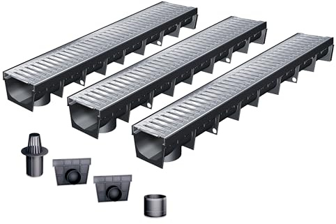MEA Pack de 3 Caniveaux Extérieurs MEAPARK – Grille en Acier Galvanisé – Drainage Terrasse, Piscine, Jardin – Classe A15 Piéton – Largeur utile 10 cm