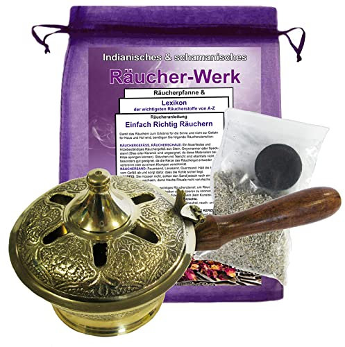 RÄUCHERPFANNE & WEIHRAUCHBRENNER 21cm Messing 7-TLG Set zum AUSRÄUCHERN für Räucherwerk. Räuchergefäß, Räucherschale, Räucherstövchen & Räucherstäbchenhalter in EINEM mit ZUBEHÖR. 3161B-0