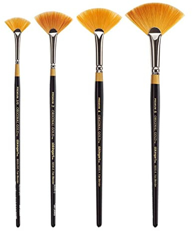 KINGART Premium 4 pc. Original Gold 9200 Series Fan Artist Brush Set, Synthetic Golden Taklon Hair for Acrylic, Oil, Watercolor and Gouache Paint, Short Handle, 4 Sizes: 2/0, 2, 4, 6