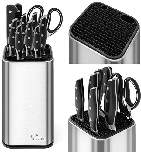 Joeji's Kitchen Universal Knife Block Without Knives with Extra Slots for Scissors & Sharpening Rod, Rustproof Stainless Steel Kitchen Knife Holder
