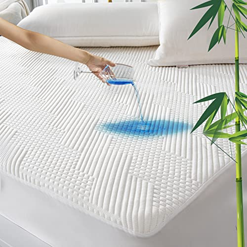 GRT Protector de colchón impermeable de rayón de bambú – Funda de colchón de refrigeración de fibra de aire 3D, transpirable, ultrasuave, almohadilla de colchón silenciosa, se adapta a bolsillos de